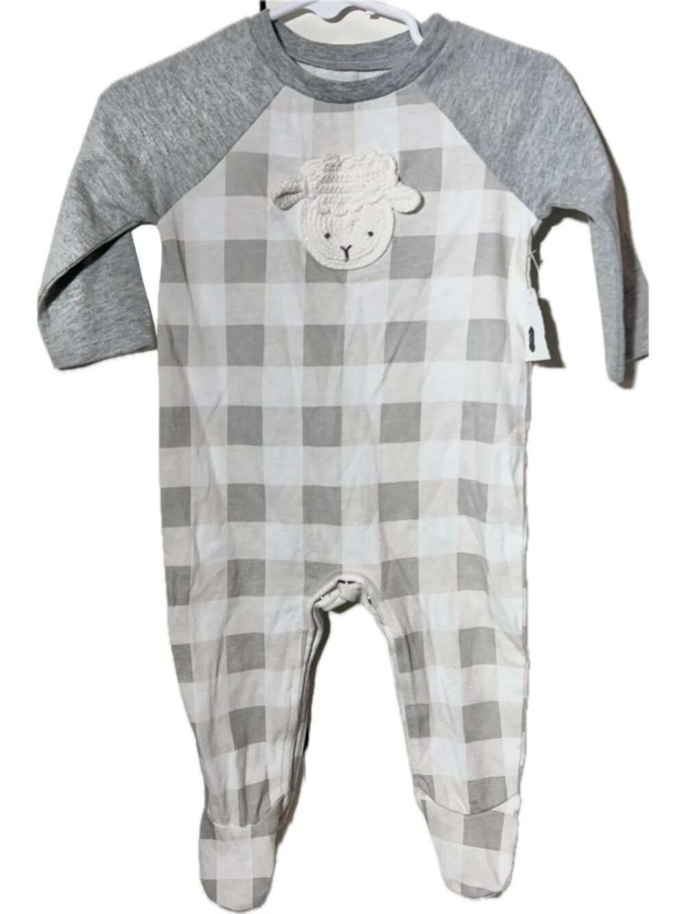 Mud Pie 3-6m NWT gray white footed sleeper buffalo check Crochet sheep lamb